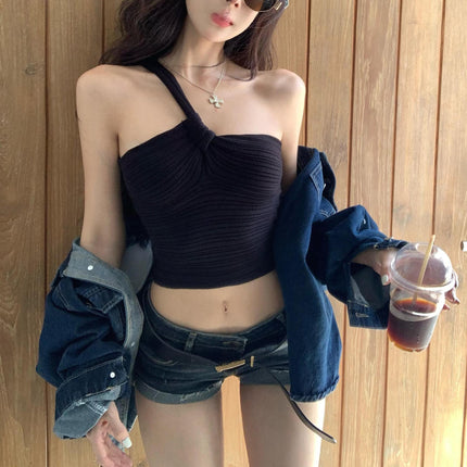 2025 New Summer Style Twist Design Sexy Hottie Style Vest Women's Off-Shoulder Slim Short Knitted Sleeveless Top
