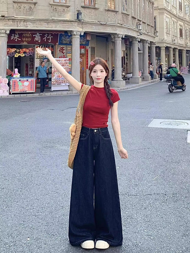 Dark Blue Wide-Leg Jeans for Women, Summer New High-Waisted Slimming Loose Wide-Leg Drape Floor-Length Pants Trendy