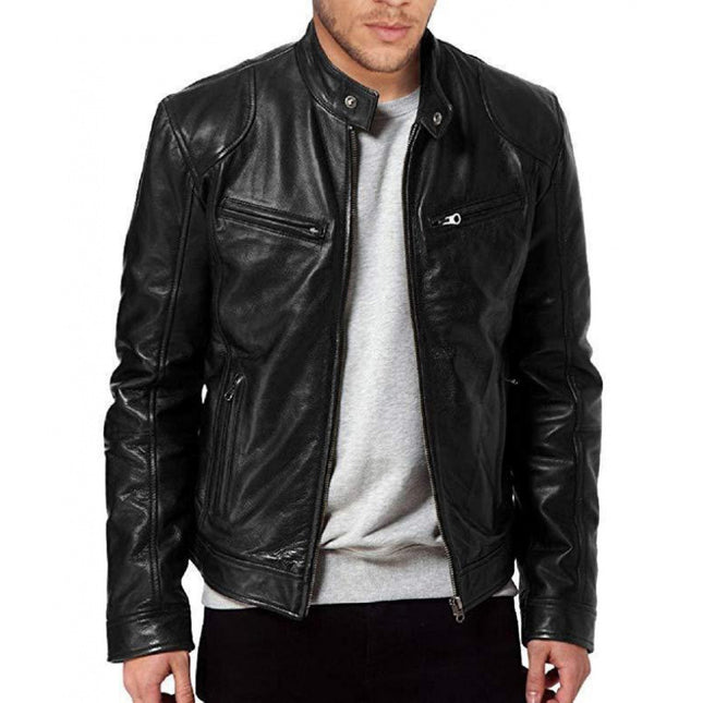 2022 Autumn/Winter New Men's Zipper Cardigan Pocket Pu Leather Stand Collar Slim Fit Motorcycle Leather Jacket Coat