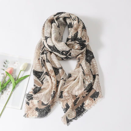 Foreign trade cross-border plant flower 135cm cotton and linen hand feeling large scarf women's long Burr travel sunscreen beach towel