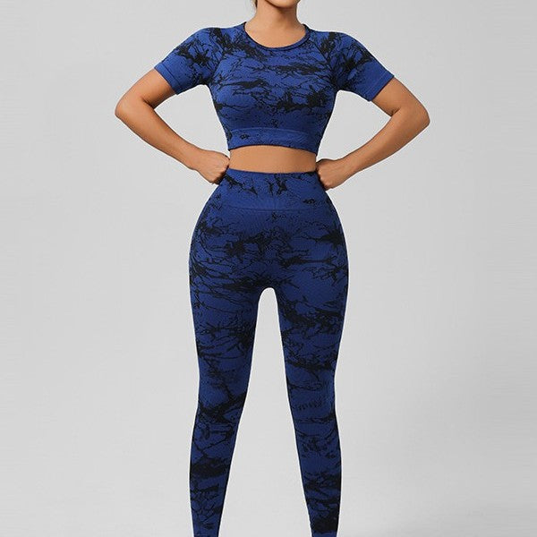 Cross-Border Seamless Tie-Dye Yoga Wear Beautiful Back Sports Bra High Waist Peach Butt Lift Fitness Tights Suit for Women