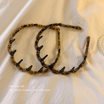 Plush Leopard Print Headband for Women, Autumn Hair Accessory for Tidying up Stray Hair, High Cranial Headband, Hair Clip, Hair Accessory, Korean Style Headband