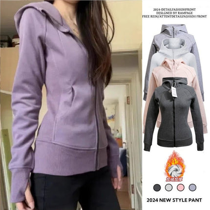 Women's Slim-Fit Fleece Hoodie Sports Fitness Cardigan Slimming Jacket Dopamine Korean Style Top Zipper Versatile Trendy