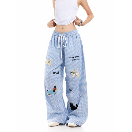 American-Style Lazy Puppy Towel Embroidered Plaid Long Pants Retro Loose Design Straight Drape Casual Pants Trendy Women's Style