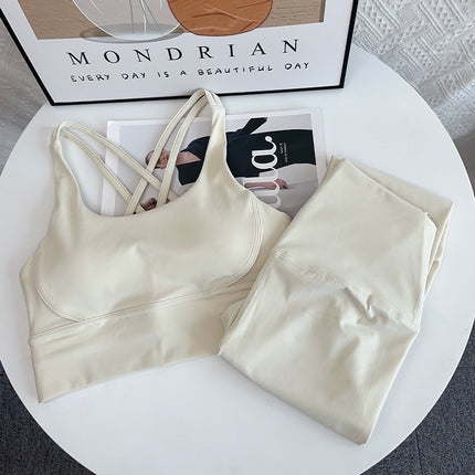 European and American Fashion Fitness Set, Push-Up Cross Sports Bra, Nude-Feel High-Waisted Butt-Lifting Yoga Two-Piece Set for Women