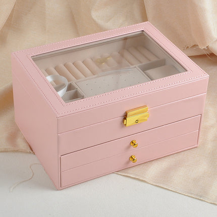 Jewelry Box Three-Layer Leather Jewelry Bracelet Storage Box with Hardware Lock and Window for Rings and Earrings Gift Box