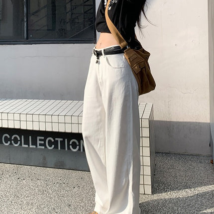 With inch women's clothing | 2025 loose Denim wide leg white straight pants women slim mop pants pear-shaped slim
