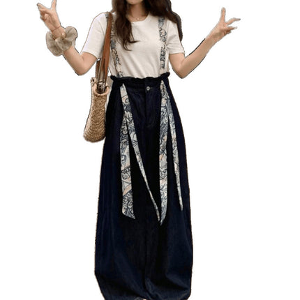 Cool and Stylish T-Shirt and Floral Denim Overalls Set for Women, Summer Outfit, Elegant and Classy Two-Piece Set with a High-End Feel