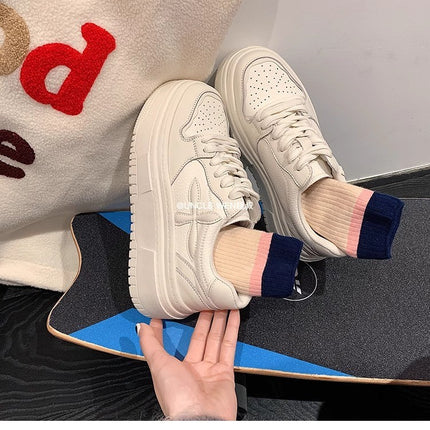 Heightening Thick-Soled Platform Sneakers for Women 2025 Summer New Casual Shoes Small Fragrant Style Genuine Leather White Shoes for Women Comfortable