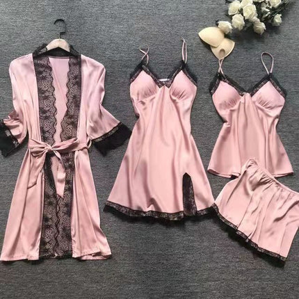 Cross-Border Four-Piece Pajama Set for Women, Spring and Summer Ice Silk Camisole Nightgown Set with Chest Pads, Loungewear, Lingerie