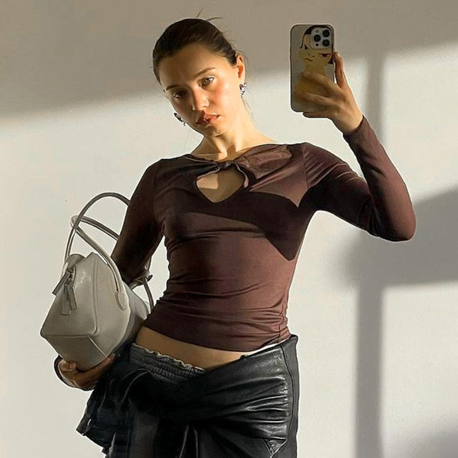 C113TP European and American Spice Girls Autumn New Solid Color Bow Collar Hollow Sexy Slim Long Sleeve Women's T-Shirt Top
