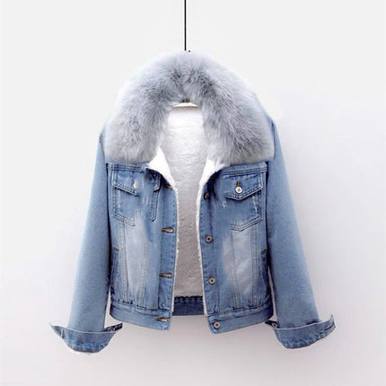 Autumn and Winter Denim Coat Women's Styky fleece-lined Thickened New Arrival Warm Thick Fur Collar Trendy All-match Outer Wear Top for Women