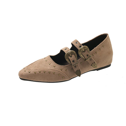 Retro Fashion Pointed Toe Brown Shoes for Women 2025 Autum New Versatile Rivet Flats Shallow Mouth Mary Jane Shoes