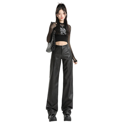 Black Leather Pants for Women, 2025 Spring and Autumn New Style, Straight-Leg, Loose, High-Waisted, Slimming, Narrow Wide-Leg Pu Leather Pants