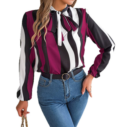 Real shot spring and summer new elegant contrast color striped lace-up lantern sleeve chiffon shirt top Amazon cross-border women's clothing