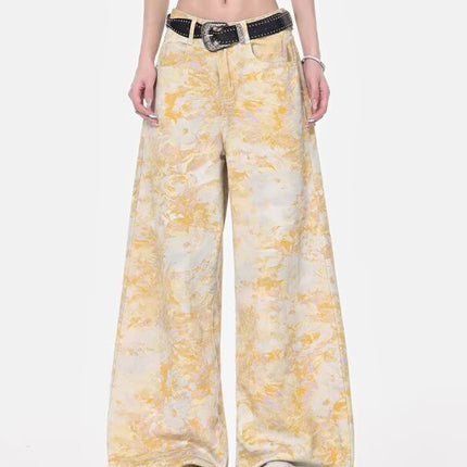 Summer Tie-Dye Printed Light Blue Wide-Leg Jeans for Women 2025 New High-Waisted Drapey Straight-Leg Petite Floor-Length Pants