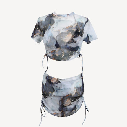 2023 Spring New Split Swimsuit Tie-Dye Printed Split Four-Piece Set Backless Sexy Hot Spring Resort Swimsuit