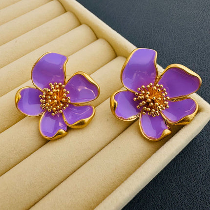 Oscar European and American Style Exaggerated High-End Old Vintage Enamel Flower Drip Glaze Earrings Niche Design Earrings for Women