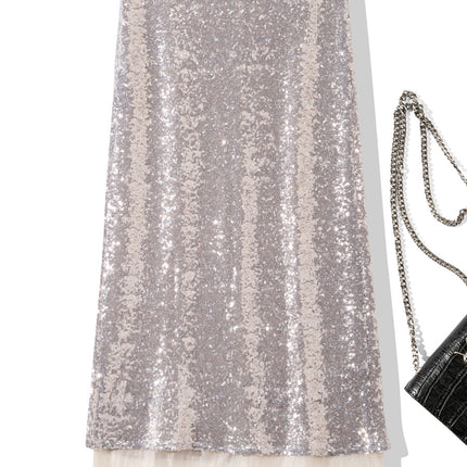 B1943 2025 Spring/Summer New Fashion Sequin Patchwork Mesh Back Slit Midi Skirt