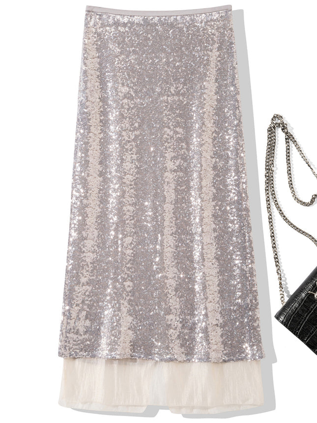 B1943 2025 Spring/Summer New Fashion Sequin Patchwork Mesh Back Slit Midi Skirt