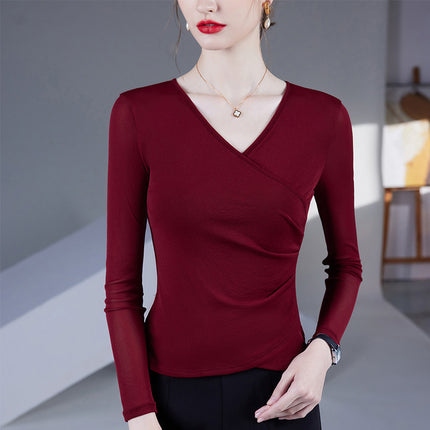 2025 Spring and Autumn New Cross V-Neck Mesh Bottoming Shirt Thin Long-Sleeved Top Women's Waist Covering Belly Fashionable Small