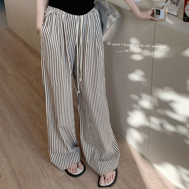 Casual Striped Drapey Women's Pants Versatile Wide-Leg Pants Autumn Trendy Design Floor-Length Pants