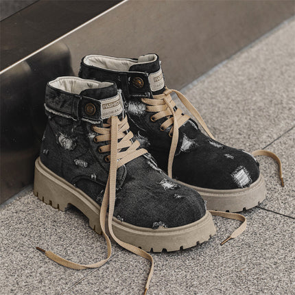 Men's Rip Cowboy Boots Vintage Martin Boots Breathable Ankle Boots Autumn Thick-soled Men's Boots British Style Workwear Single Boots Z32