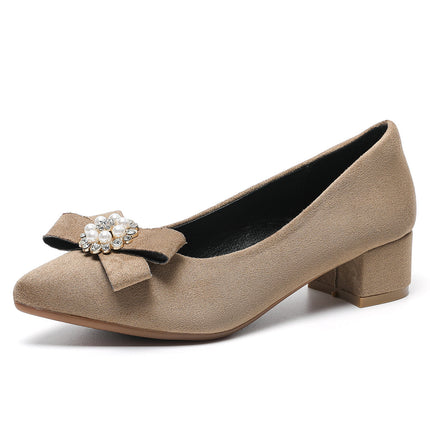 Women's Shallow Slip-On Shoes, 2026 Spring/Summer New Style, Suede with Rhinestones, Comfortable Pointed Toe High Heels, Chunky Heel Loafers