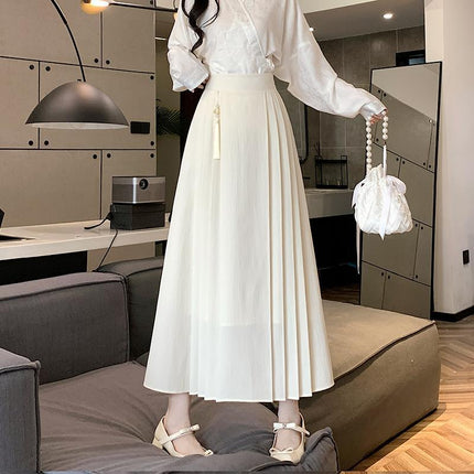 Real Shot of 2026 New Chinese-Style Fan-Shaped Tassel Hanging Decoration Mid-Length High-Waisted Slimming A-Line Pleated Mamian Skirt