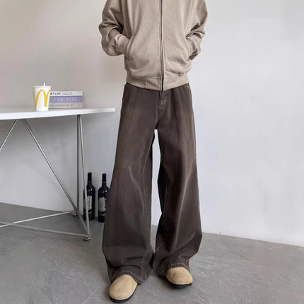 Autumn Vintage Distressed Men's Jeans, Loose Straight-Leg Pants, Clean Fit Wide-Leg Floor-Length Casual Trousers