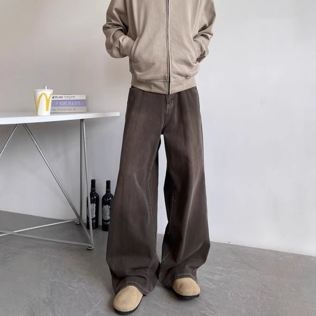 Autumn Vintage Distressed Men's Jeans, Loose Straight-Leg Pants, Clean Fit Wide-Leg Floor-Length Casual Trousers
