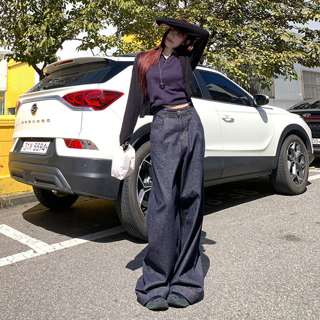 dark blue Original Color Wide Leg Jeans Women's 2025 Spring New Style Straight Loose High Waist Laid-back Slim Look Mop Pants