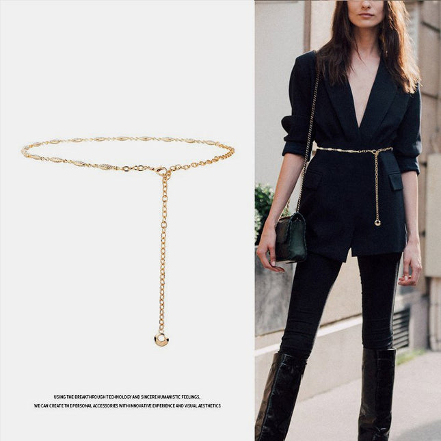 Korean-style High-end Metal Rhinestone Waist Chain for Women Decoration Summer Elegant Accessories dress Chanel Style Chain Belt