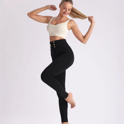 Cross-Border High-Waisted, High-Elastic, Slim-Fitting Nine-Point Black Modal Leggings for Women with Three Rows of Buttons and Labels That Can Be Worn Outside