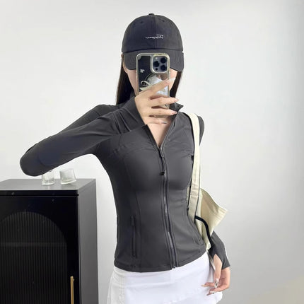 Lulu Same Style Gold Zipper Long Sleeve Jacket Yoga Suit Spring Sports Top Tight Sports Slim Jacket Women's Coat