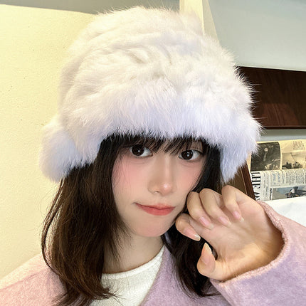 Falling pool knitted ~ rabbit fur velvet handmade fisherman hat makes face look small winter warm atmosphere hat makes face look small for women