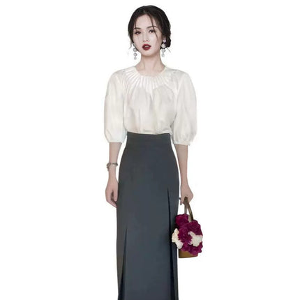 Cross-border 2024 summer new organ pleated neckline bubble sleeve top high waist pleated skirt two-piece suit