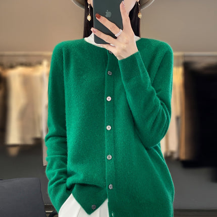 Round neck first-line clothing pure wool sweater cardigan coat women's osmanthus needle knitted bottoming shirt long sleeve solid color top