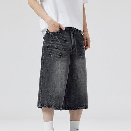 LKTM Men's# American High Street Washed Design Lightning Pattern Denim Shorts Men's and Women's Loose Wide Leg Cropped Pants