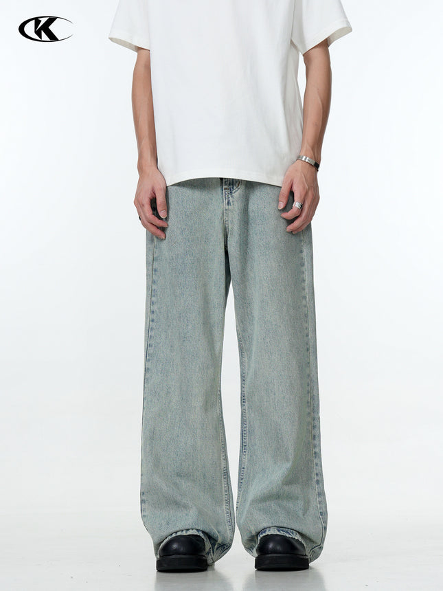 11Kn American Drawstring Bootcut Jeans for Men and Women Retro Blue Ripped Lightning Washed Slimming Look Casual Pants