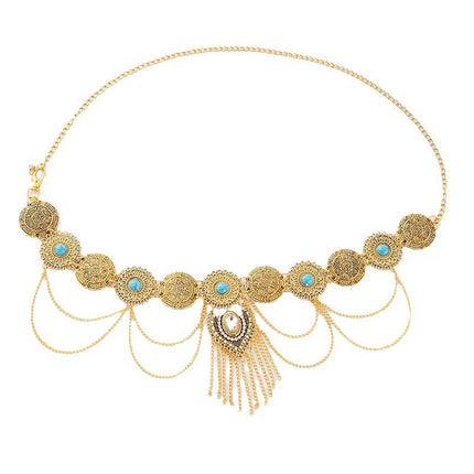 European and American Sexy Waist Decoration Ethnic Style Inlaid Turquoise Pendant Waist Chain Bohemian Alloy Coin Tassel Body Chain