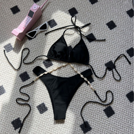 2025 European and American Plain New Sexy Shell Chain Swimsuit Swimsuit Bikini Bikini Cross-Border Export