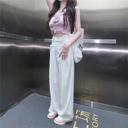 Slimming casual pants overalls women's draping straight mop pants summer high waist loose wide leg pants white pants
