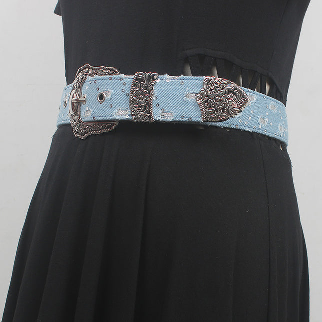 Denim Destruction Belt Blue European and American Women Retro Baroque Fashion Decorative Belt