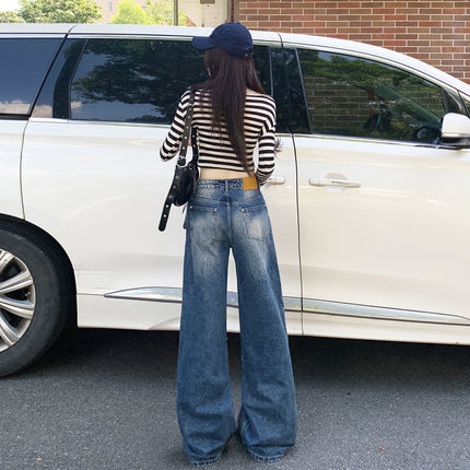 Raccoon House # American Retro Distressed Heavy Wash Denim Jeans for Women 2025 Autumn Loose Straight Wide-Leg Floor-Length Pants