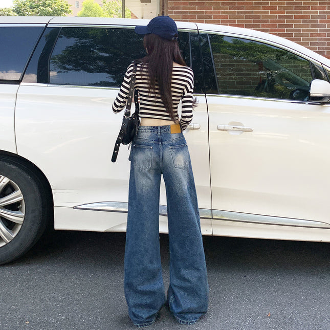Raccoon House # American Retro Distressed Heavy Wash Denim Jeans for Women 2025 Autumn Loose Straight Wide-Leg Floor-Length Pants