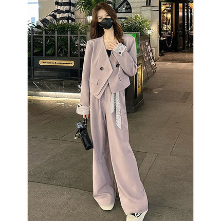 Women's Suit Set 2026 Spring New Style Lace Ribbon Cuff Blazer + Straight-Leg Pants Elegant Set