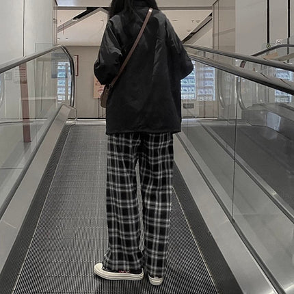 American High Street Retro Casual Slim Women's Spring New Hong Kong Style Loose and Versatile Wide-Leg Straight Long Plaid Pants