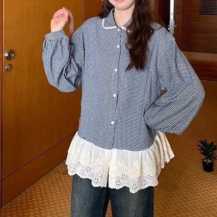 95% Upper Cotton # Spring and Autumn Sweet Style Lace Spliced Doll Collar Stacked Brushed Plaid Shirt Women's Top