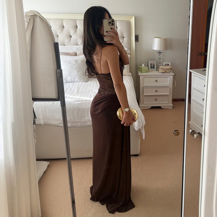 Personalized Design Cross-Border New Women's Solid Color One-Shoulder Lace See-Through Slit Temperament Sexy Waist Dress for Women